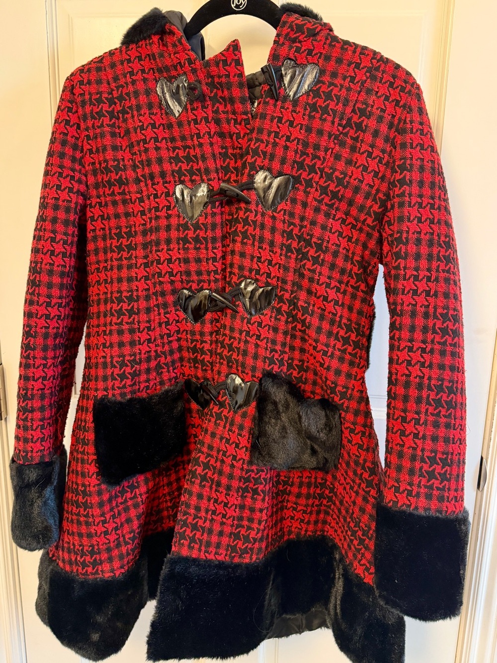 Hell Bunny Red & Black Houndstooth Pea Coat with Heart Toggles